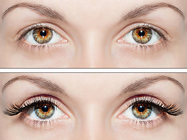 close up of short lashes before and after aplying lengthening mascara