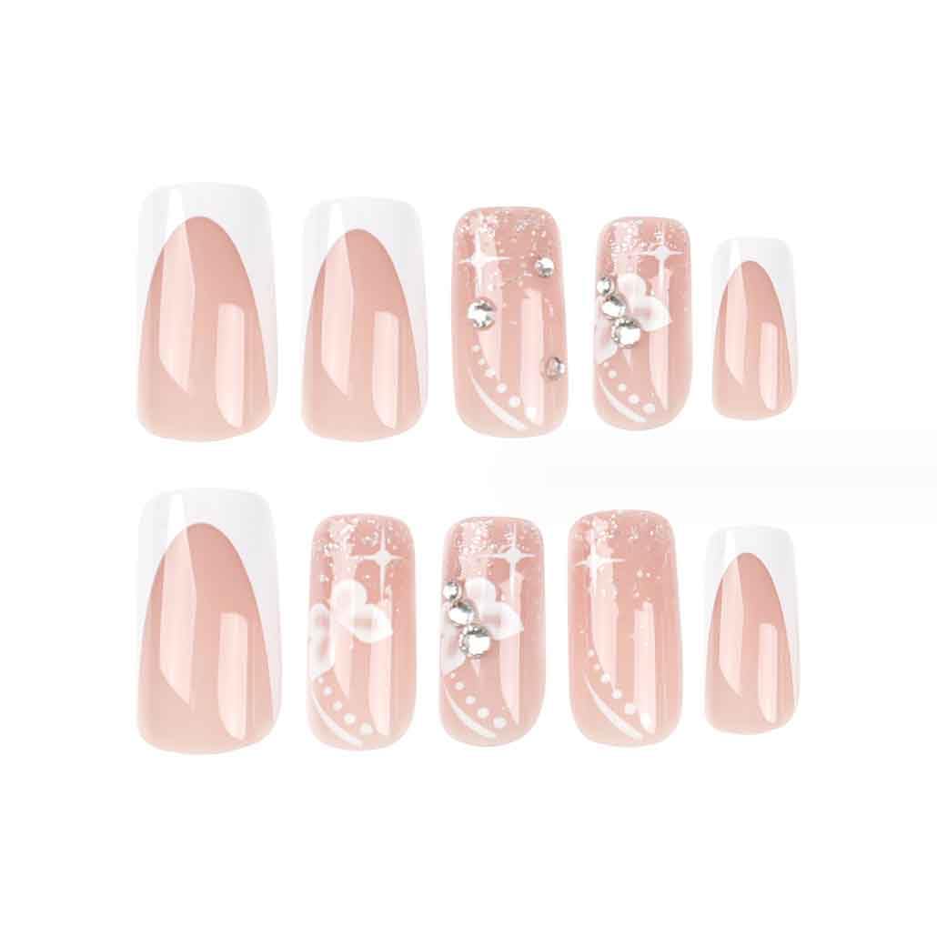 Foccna Long Press On Nails - Nude Square Clear Acrylic False Nails - 24PCS French Full Cover Bling Rhinestone Butterfly Design