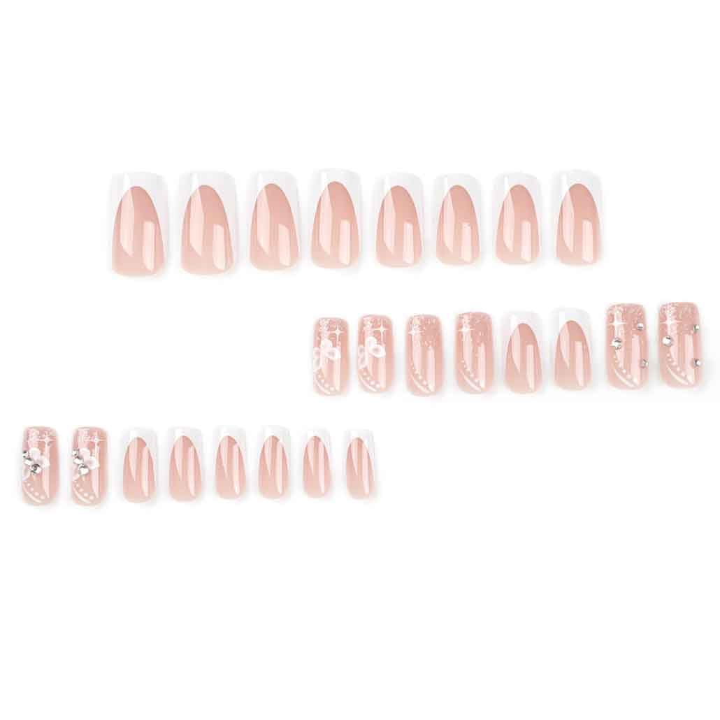 Foccna Long Press On Nails - Nude Square Clear Acrylic False Nails - 24PCS French Full Cover Bling Rhinestone Butterfly Design