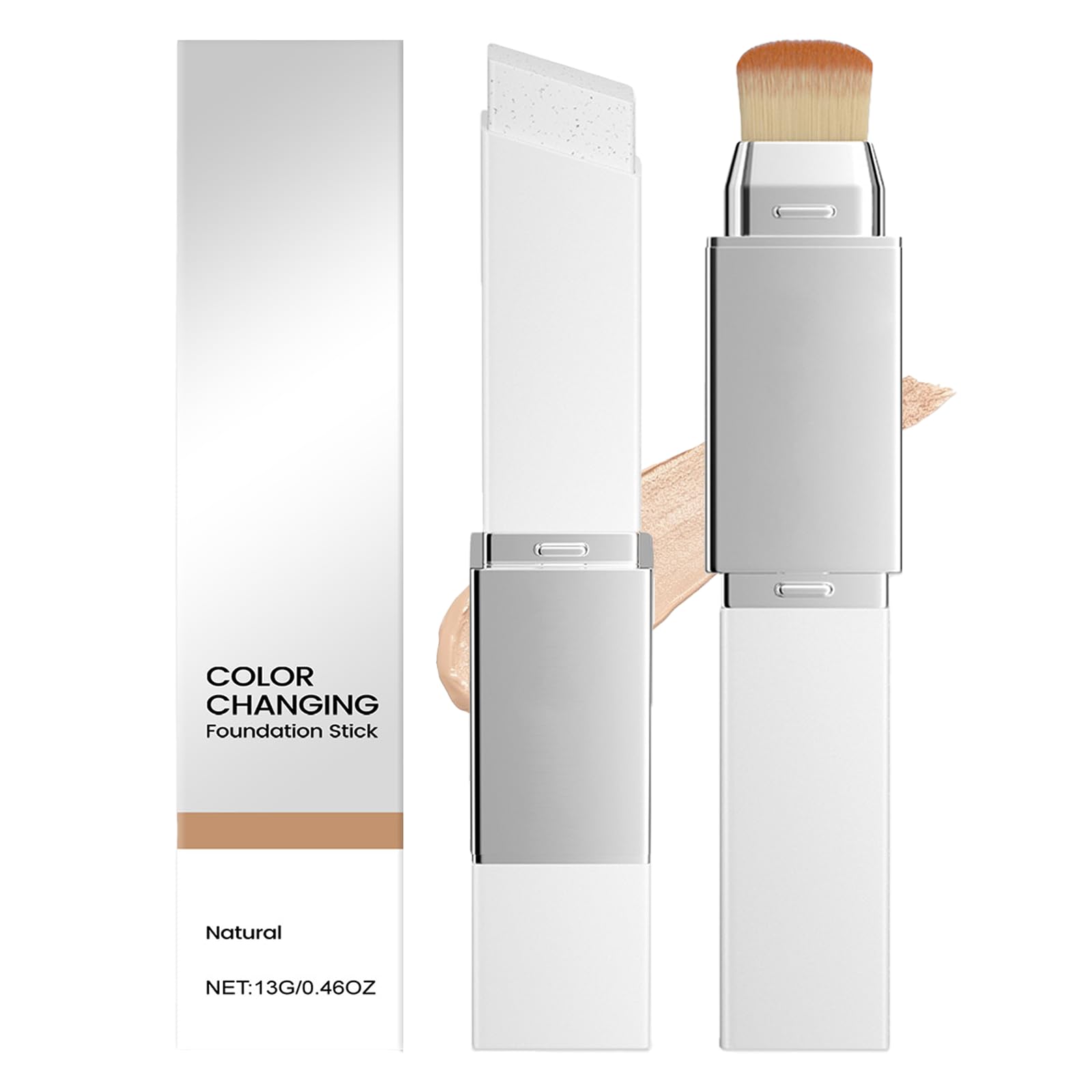 Color Changing Foundation Stick, Dual-Ended Foundation & Concealer Stick with Brush, Lightweight Coverage, Smooth Blendable Finish, Portable for Daily Use (Natural)