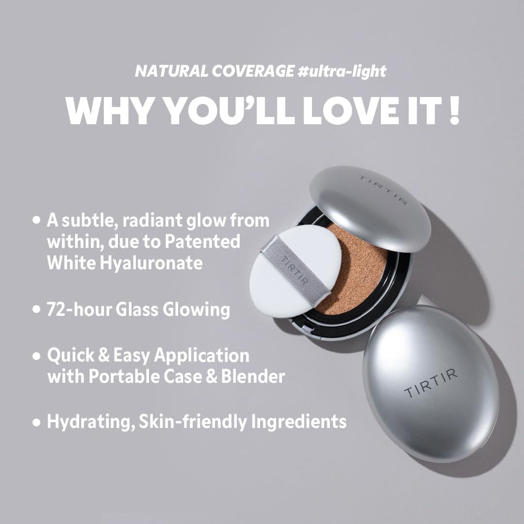 TIRTIR Mask Fit Aura Silver Cushion Foundation | Semi-glow Finish, Natural Coverage, Moisturizing, Lightweight, Korean cushion foundation (#21W Natural Ivory, Full Size, 0.63 Fl Oz)