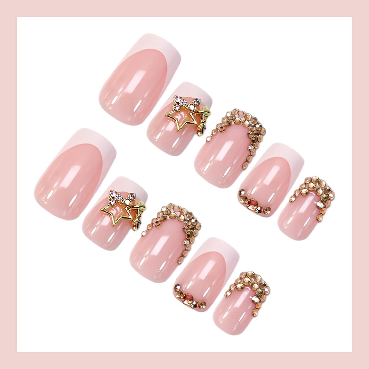24Pcs White French Tip Press on Nails Short Square Fake Nails 3D Star Charms Design Acrylic False Nails Gold Rhinestones Nail Tips Press ons Full Cover Glossy Nude Pink Glue on Nails for Women Girls