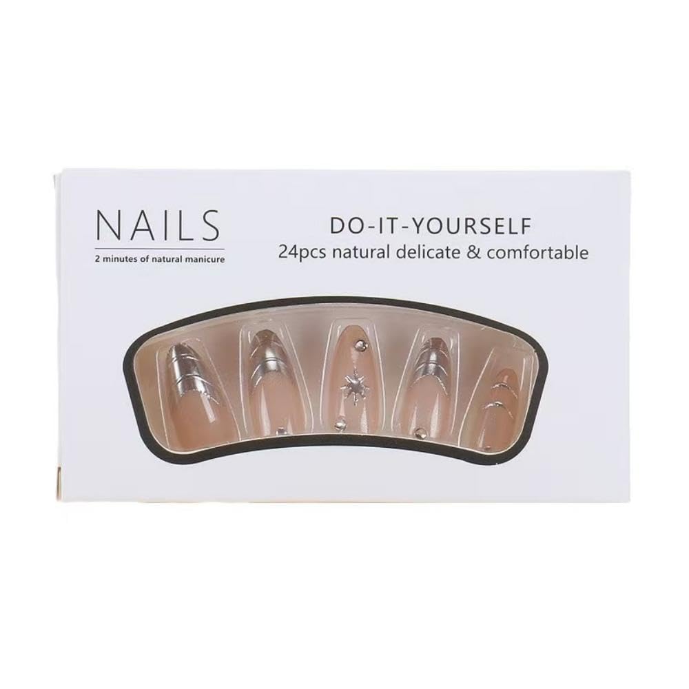 Silver Press on Nails Medium Almond Fake Nails Nude Glossy False Nail with Design Shiny Rhinestone Glue on Nails Reusable Artificial Acrylic Full Cover Star Stick on Nail for Women Manicure 24Pcs