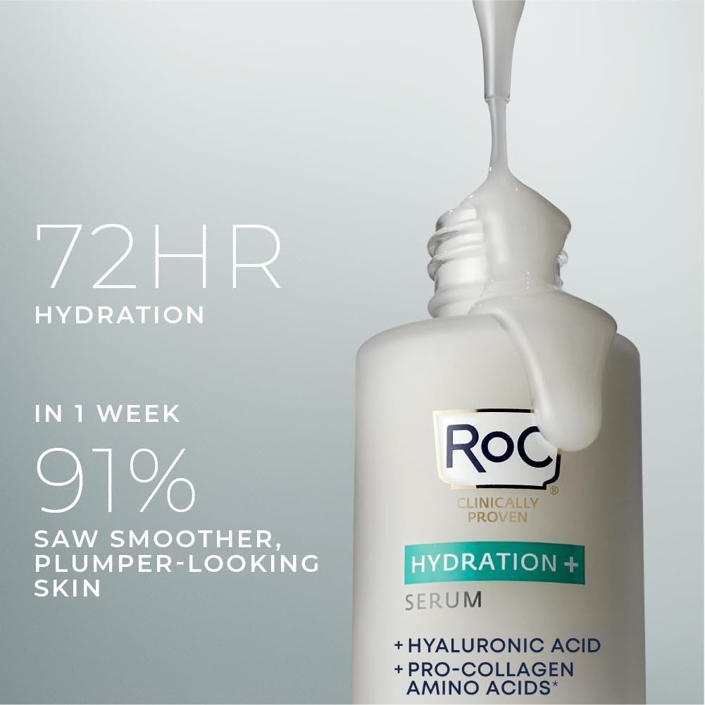 RoC Hydration+ Hyaluronic Acid Serum for Face, Hydrating, Plumping, Fragrance Free, Lightweight Formula with Collagen Proteins (1 Ounce) with Retinol Eye Cream Packette
