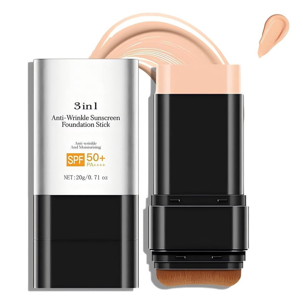3 In 1-Luxury Anti-Wrinkle Foundation Stick SPF 50+ with Brush, Hydrating Non-Sticky Matte Foundation Stick, Travel Size Defense Face and Body Sunscreen Lotion, 1.42 Fl Oz