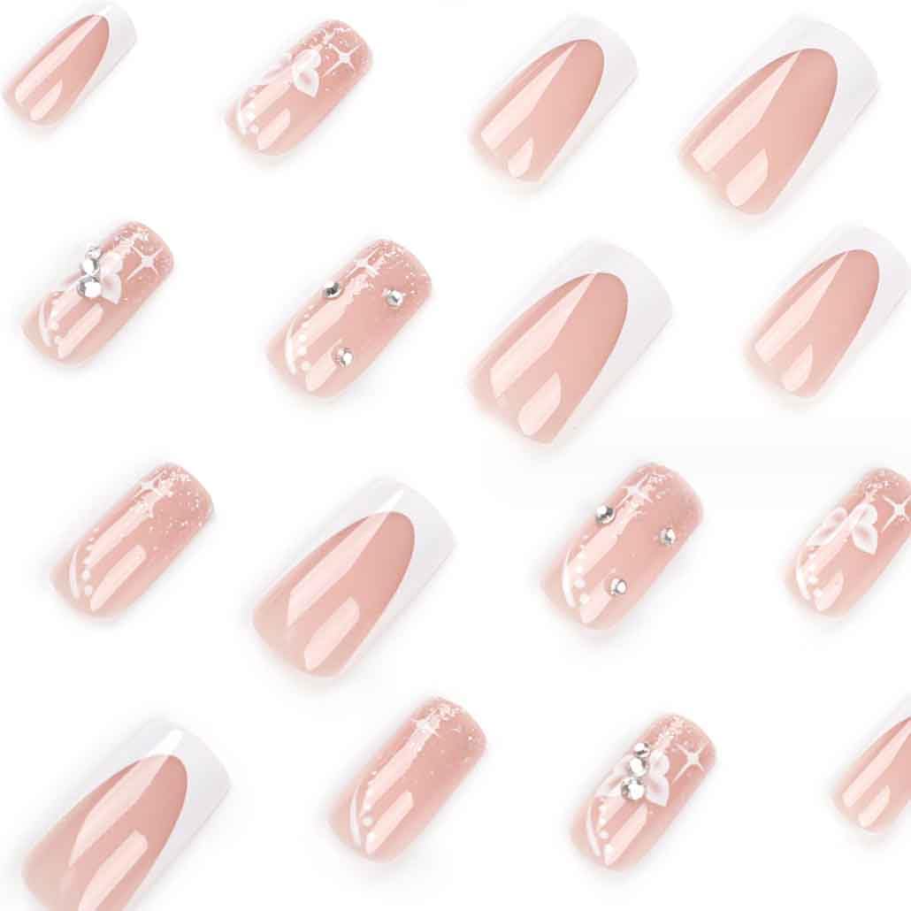 Foccna Long Press On Nails - Nude Square Clear Acrylic False Nails - 24PCS French Full Cover Bling Rhinestone Butterfly Design