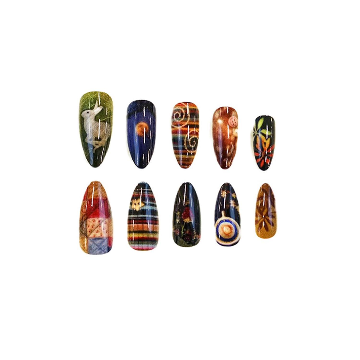Medium Almond Press on Nails Aesthetic Nail Art Fake Nails Cute False Nails with Stars Moon Rabbit Designs Fairy Tale Medium Glue on Nails for Women Girls 24Pcs