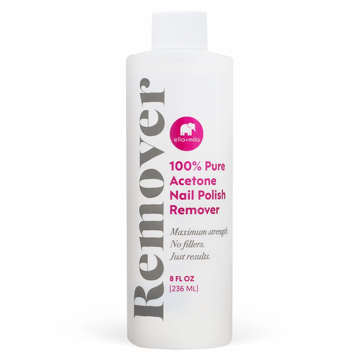 ella+mila 100% Pure Acetone Nail Polish Remover – Professional Strength Gel, Acrylic & Shellac Remover – Fingernail Polish Soak for Dip Powder, Glitter & Artificial Nails (8 fl oz)