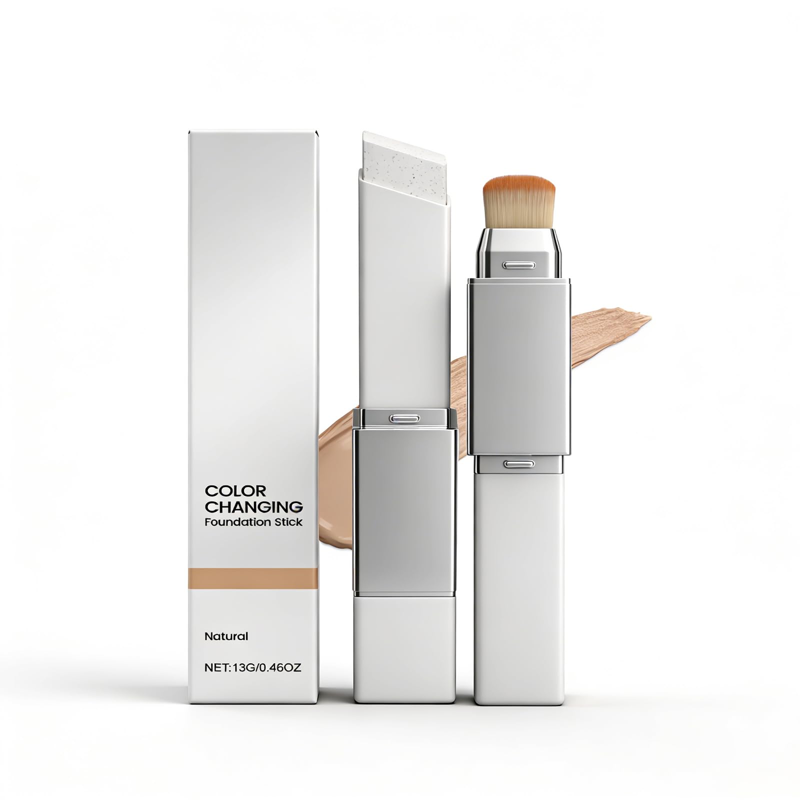 Color Changing Foundation Stick, 2-in-1 White Foundation Stick, Matte Finish Dual-Ended Foundation Makeup Stick with Brush, Long Lasting, Waterproof, Oil-control(Natural)