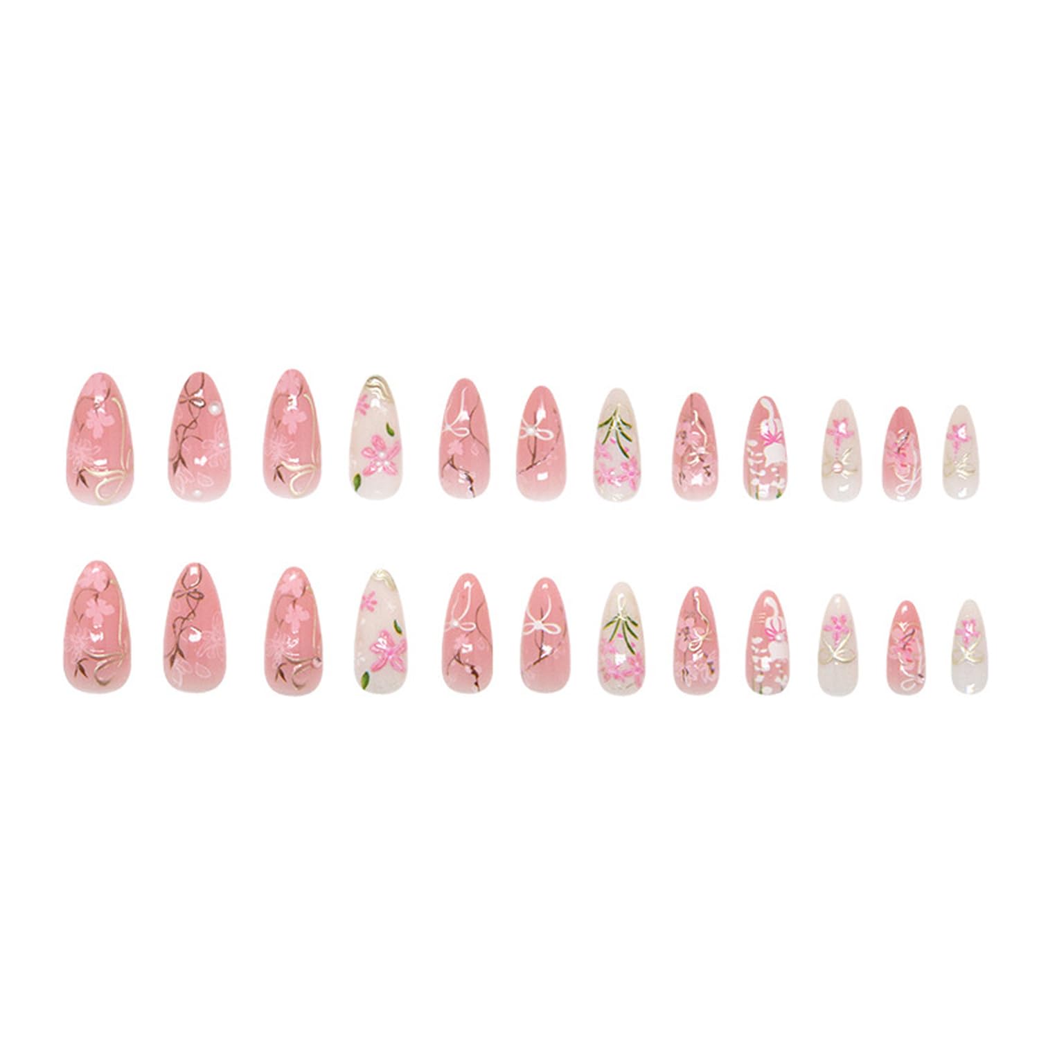 24Pcs Pink Peach Blossom Press on Nails Medium Almond Fake Nail with 3D Pearl Bow Designs Flower False Nails Cute Cat Stick on Nails Almond Shape Acrylic Nails Set for Women Daily Wear