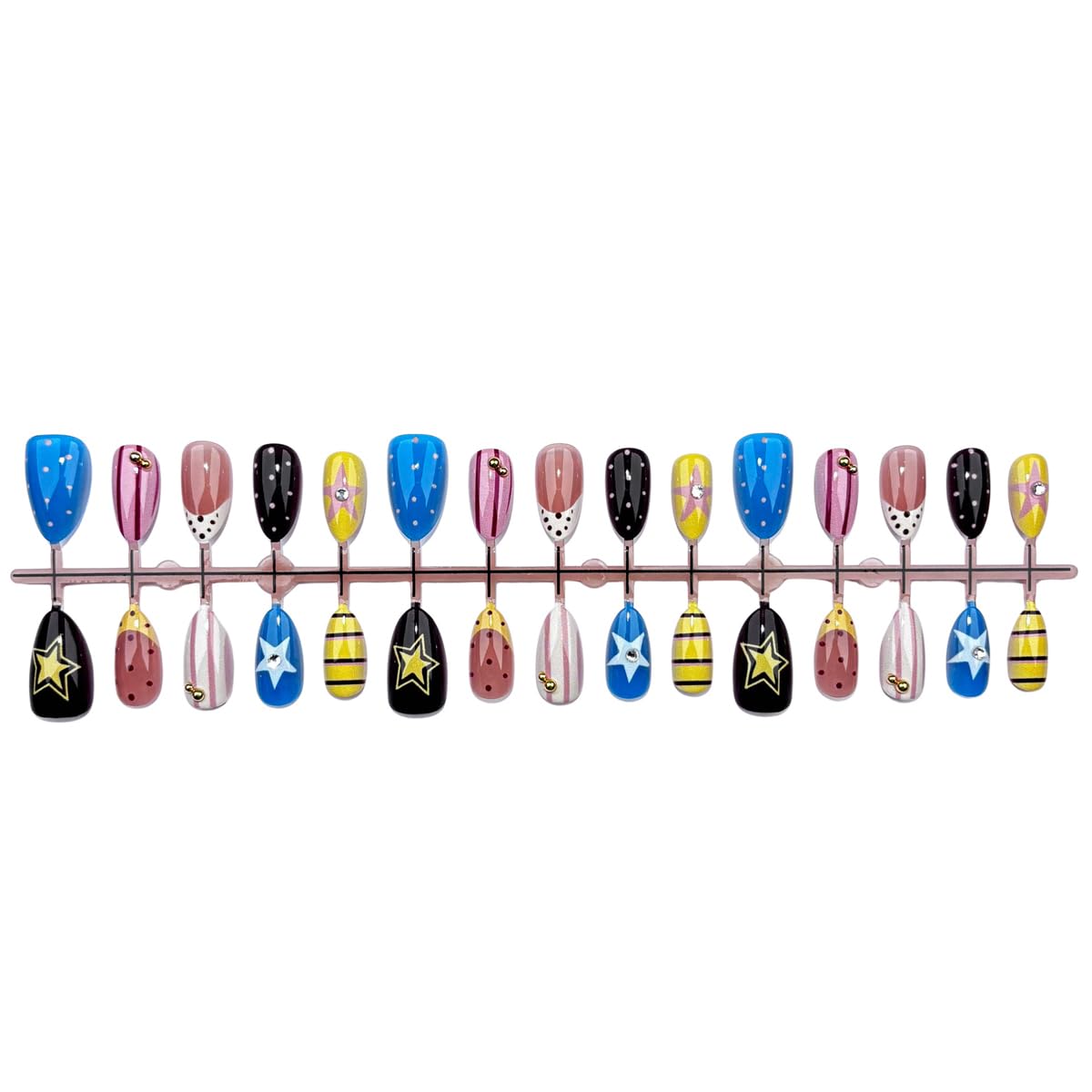 Y2K Press on Nails Medium Almond Fake Nails Colorful Polka Dot & Star Design Glossy Reusable False Nails with Metal Beads & Rhinestones Retro Aesthetic Glue on Nails for Women Manicure 24Pcs