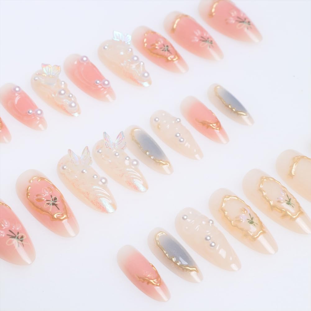 3D Butterfly Press on Nails 24PCS Almond Shaped White French Cute False Nails Full Cover Reusable Artificial Pink Fake Nail Kit Glossy With Pearl Design Acrylic Fake Fingernails For Women Girls