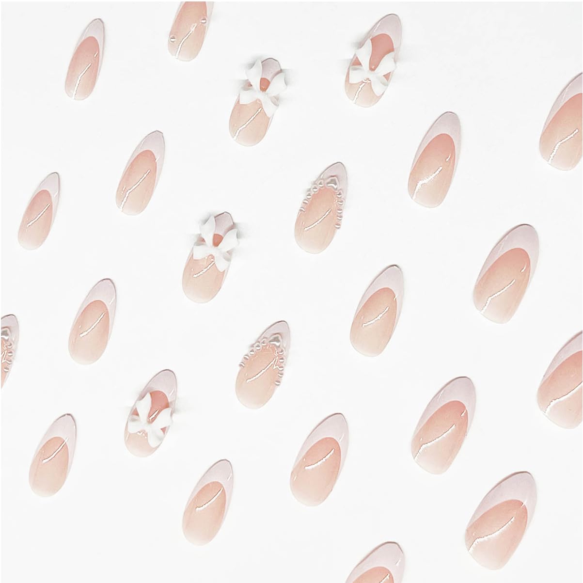 24pcs Almond Shaped Artificial Nails - French Tips with Cute Bow Charms Design - Nude Pink Acrylic Nails for Women & Girls