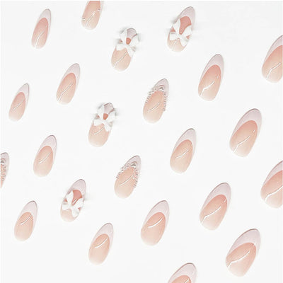 24pcs Almond Shaped Artificial Nails - French Tips with Cute Bow Charms Design - Nude Pink Acrylic Nails for Women & Girls