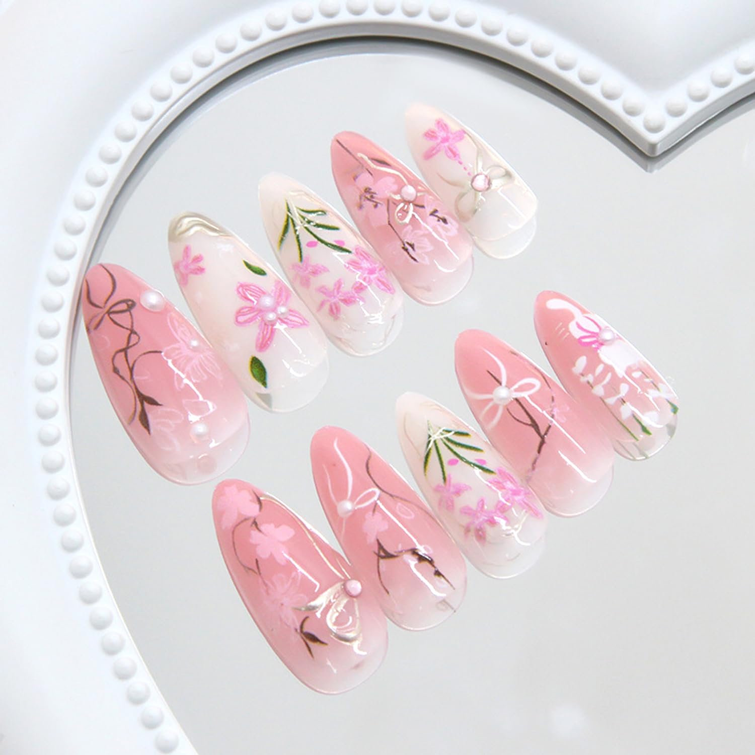 24Pcs Pink Peach Blossom Press on Nails Medium Almond Fake Nail with 3D Pearl Bow Designs Flower False Nails Cute Cat Stick on Nails Almond Shape Acrylic Nails Set for Women Daily Wear