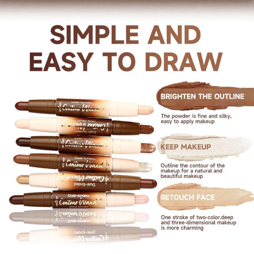 Contour Stick Makeup Set, 2 Dual-Ended Highlighter Makeup Pens & Face Shaping Contouring Sticks, Long-Lasting Waterproof Cream bronzer and Highlighter Sticks, Suitable for All Skin Tones
