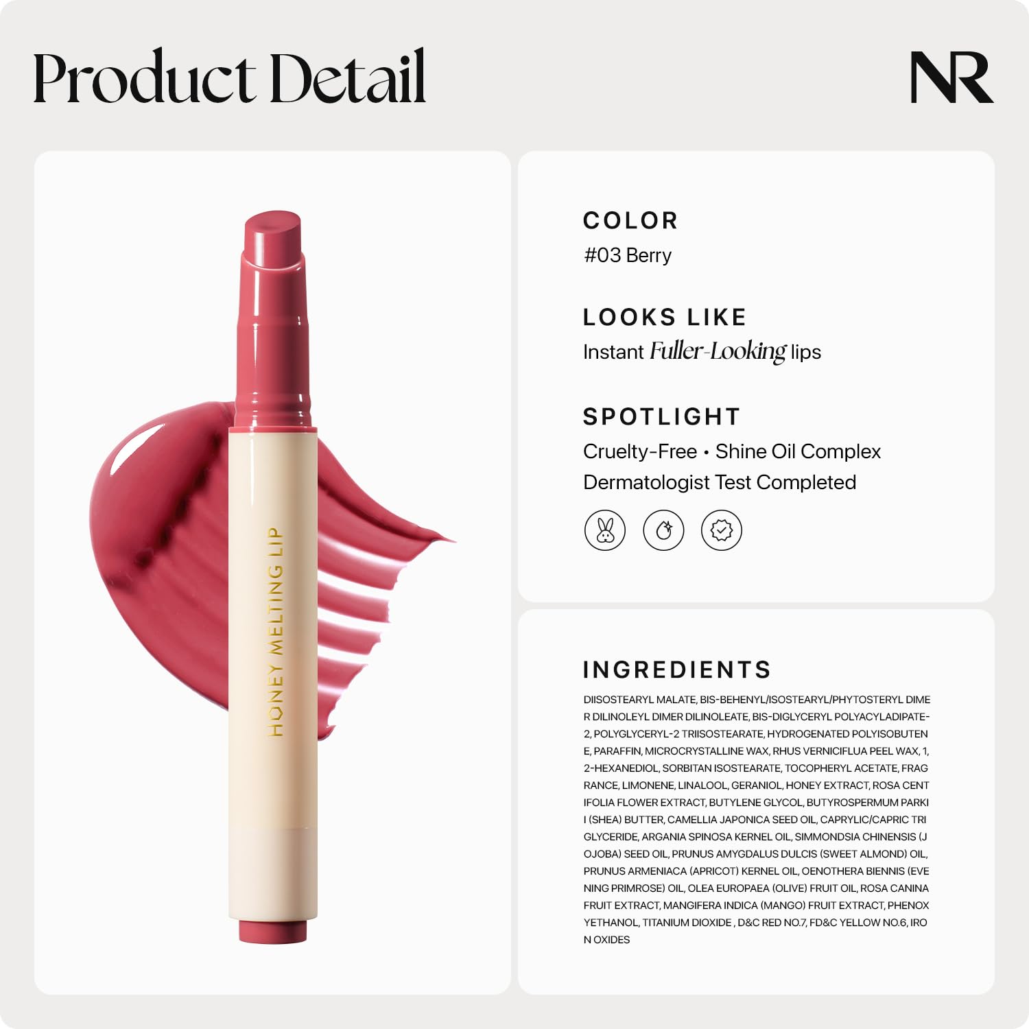 Nature Republic HONEY MELTING LIP (03 BERRY) SOFT LIP STICK, Hydrating Gloss, Moisturizing balms, Sheer tint, Shine & Glowy Finish, korean make up