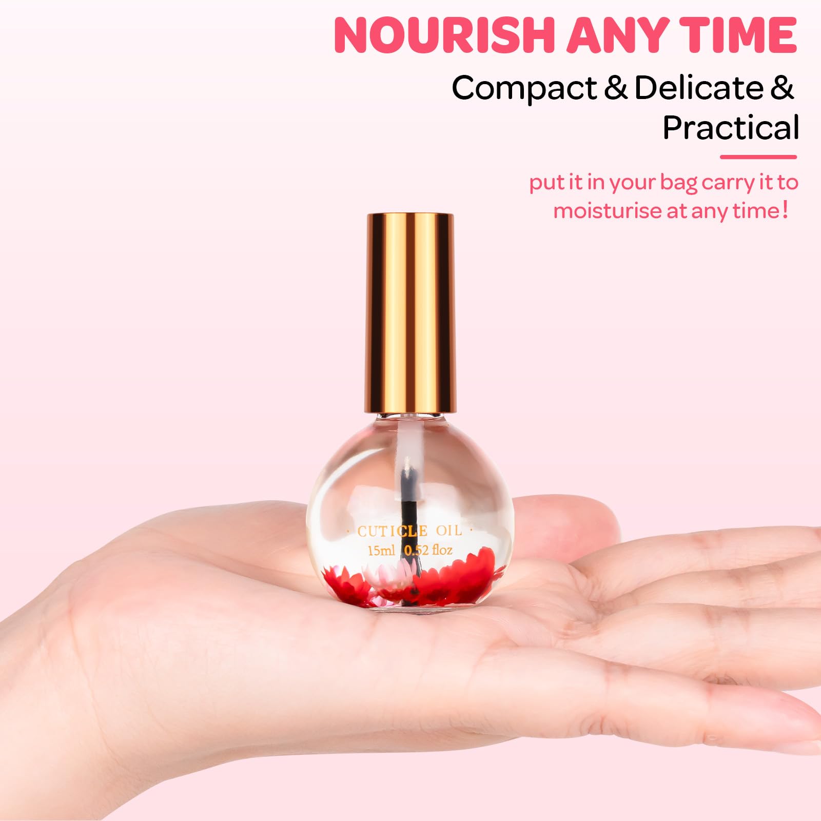 JIASHENG Cuticle Oil, Strawberry Scented Cuticle Nail Oil Infused with Real Flowers, Hydrates, Moisturizes, Strengthens, Repairs, Revitalizing Cuticle Oils for Nails Damage Dry Cuticle, 15ml