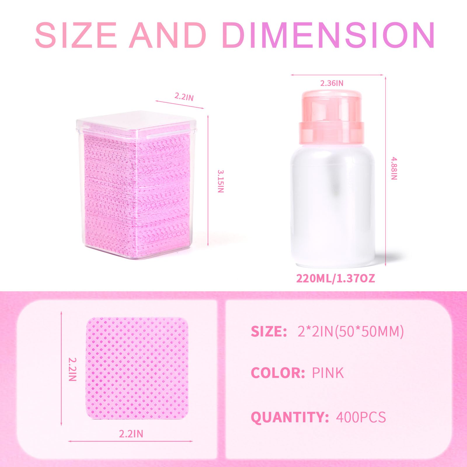 400pcs Lint Free Nail Wipes with Dispenser Pink Gel Nail Polish Remover Wipes with Nail Polish Remover Pump SHEERBLISS Lash Extensions Glue Cleaning Wipes with Lockable Acetone Pump Dispenser 220ml