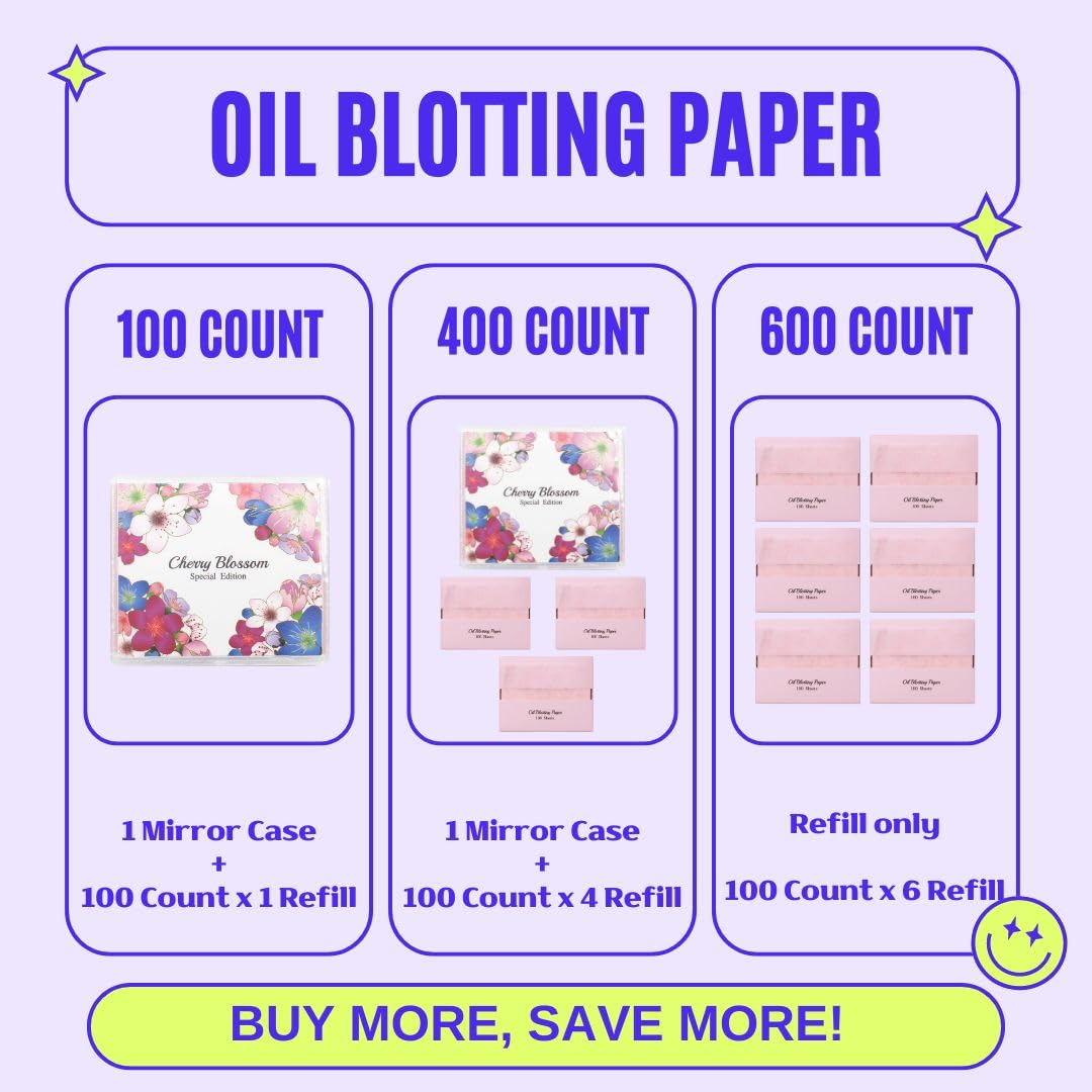 [100 Counts + Mirror Case] Cherry Blossom Natural Oil Blotting Paper for Face Korean with Mirror Case
