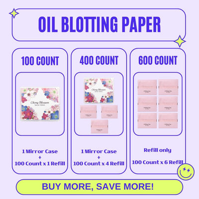 [100 Counts + Mirror Case] Cherry Blossom Natural Oil Blotting Paper for Face Korean with Mirror Case