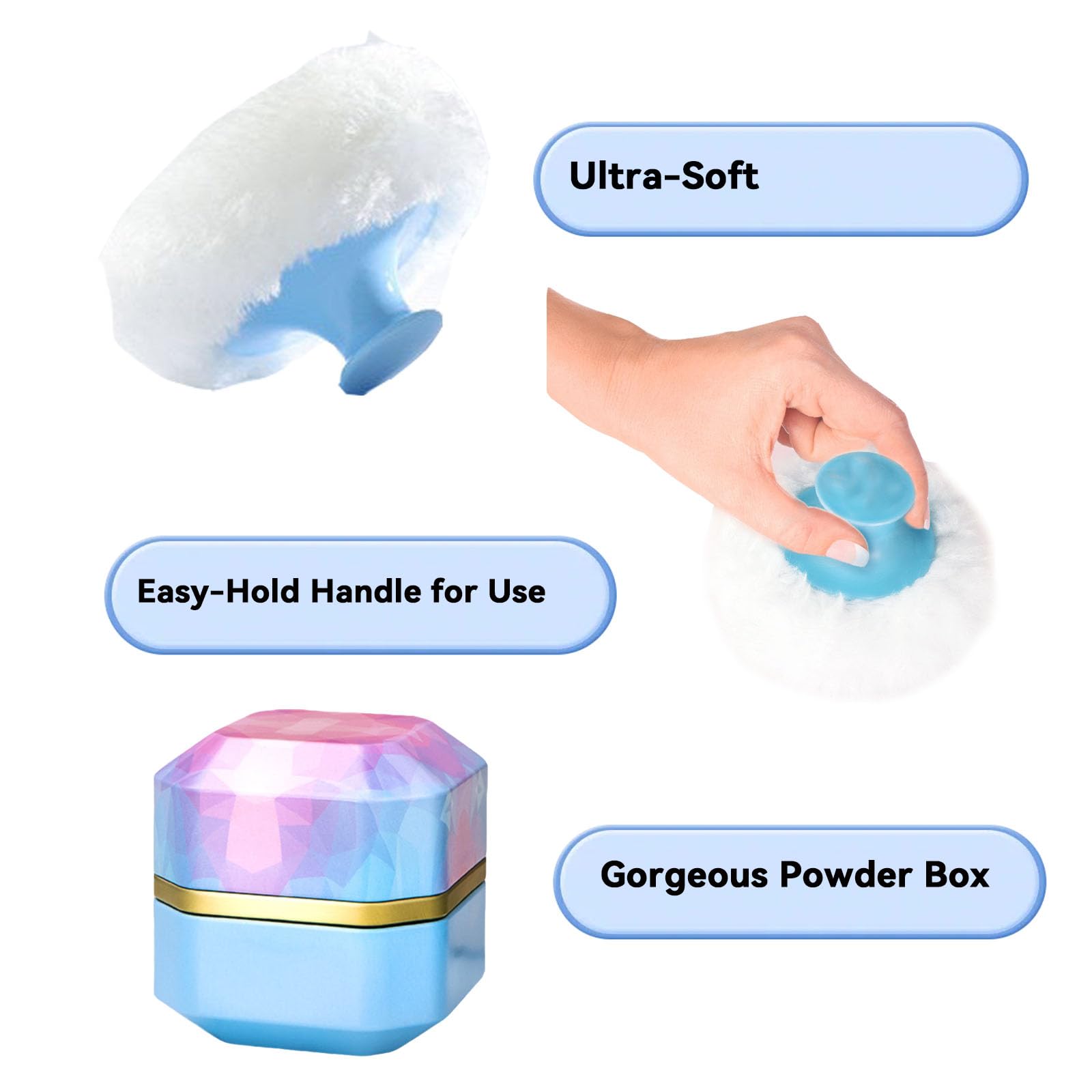 Body Powder Puff and Container, 3.35" Portable Dusting Powder Container with Soft Puff Powder Case Box Jar for Baby Women Home and Travel Use(Blue)