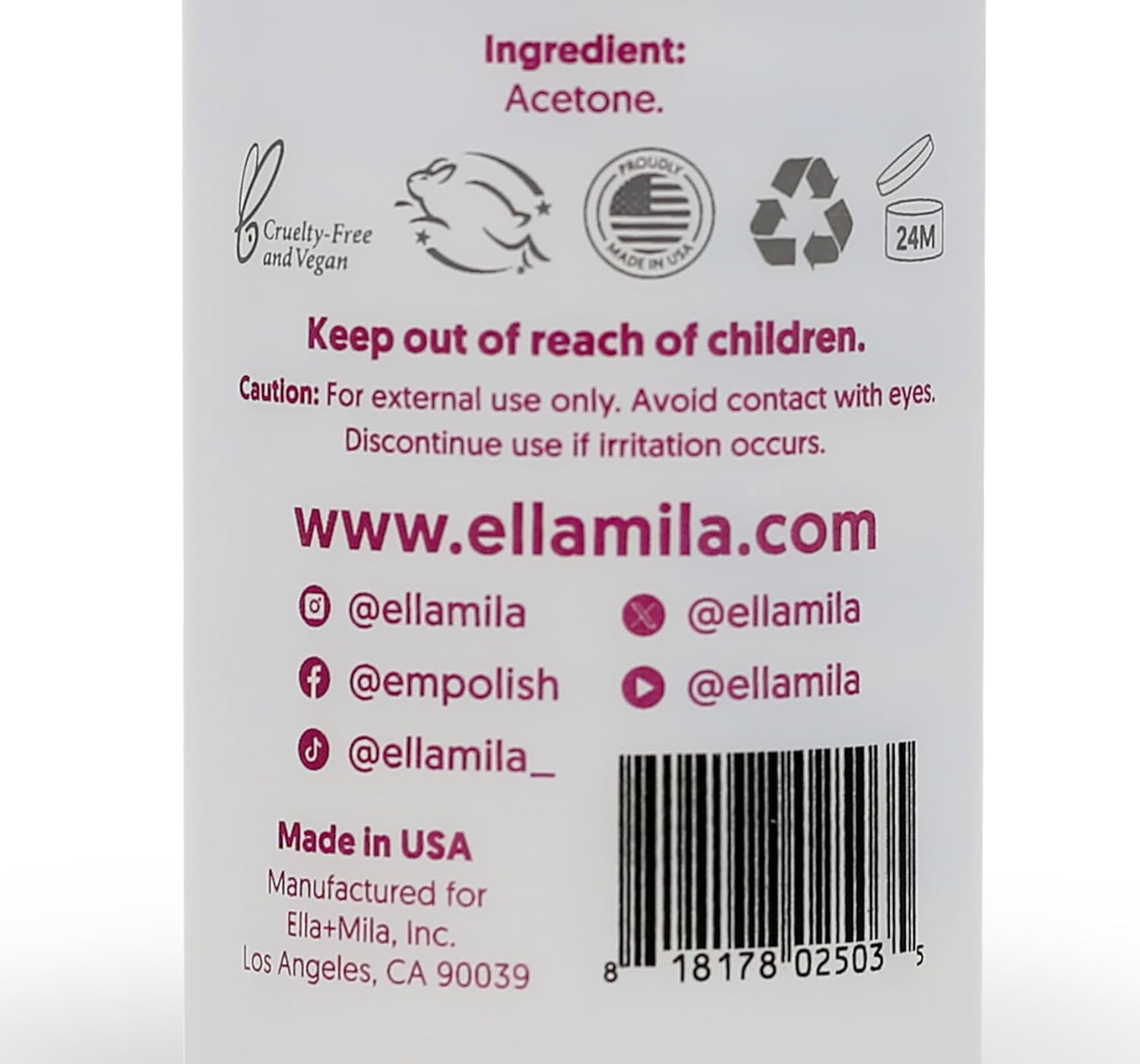 ella+mila 100% Pure Acetone Nail Polish Remover – Professional Strength Gel, Acrylic & Shellac Remover – Fingernail Polish Soak for Dip Powder, Glitter & Artificial Nails (8 fl oz)