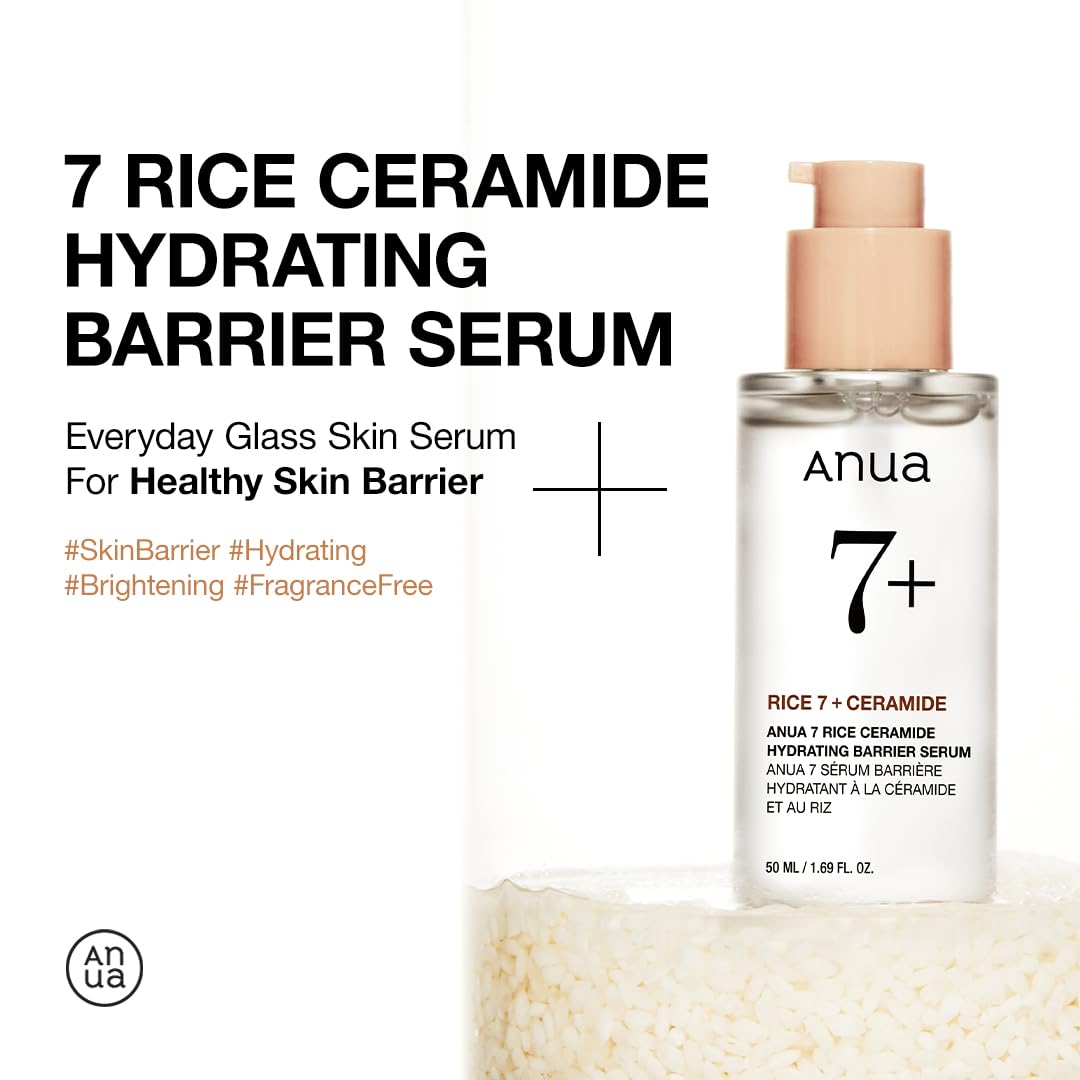 Anua Rice Ceramide 7 Hydrating Barrier Serum, Moisturizing Face Serum, Non-comodogenic, Hyaluronic Acid, Niacinamide, Lightweight, Fragrance Free, Sensitive Dry Skin, Korean Skincare, 1.69 fl oz