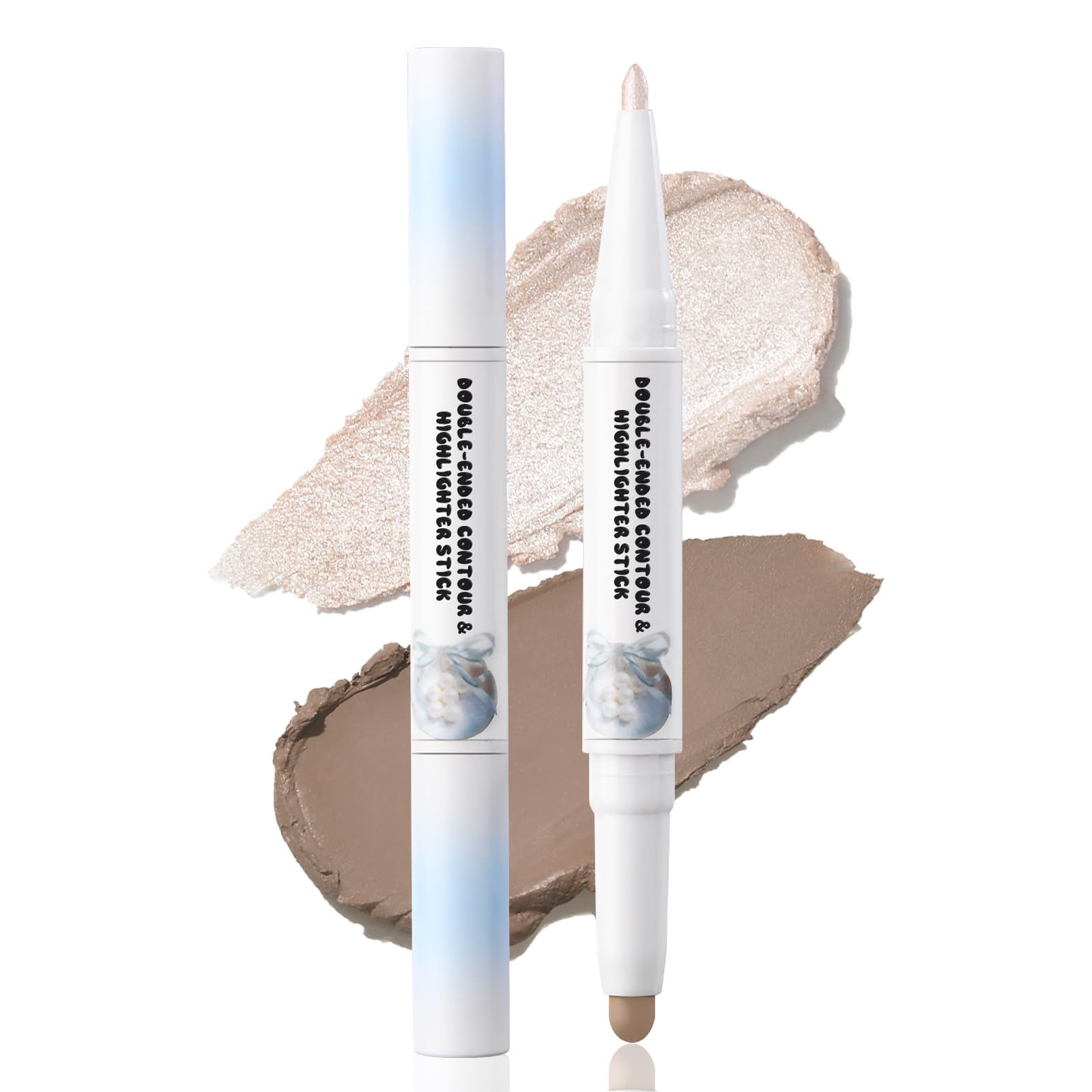 HOSAILY Dual Ended Cool Toned Contour&Champagne Shimmer Highlighter Stick, Cold Grey Creamy Long Lasting Bronzer&Brightener Pen, Blendable Smooth Nose Contouring Stick for Pale Fair Skin Facial Makeup