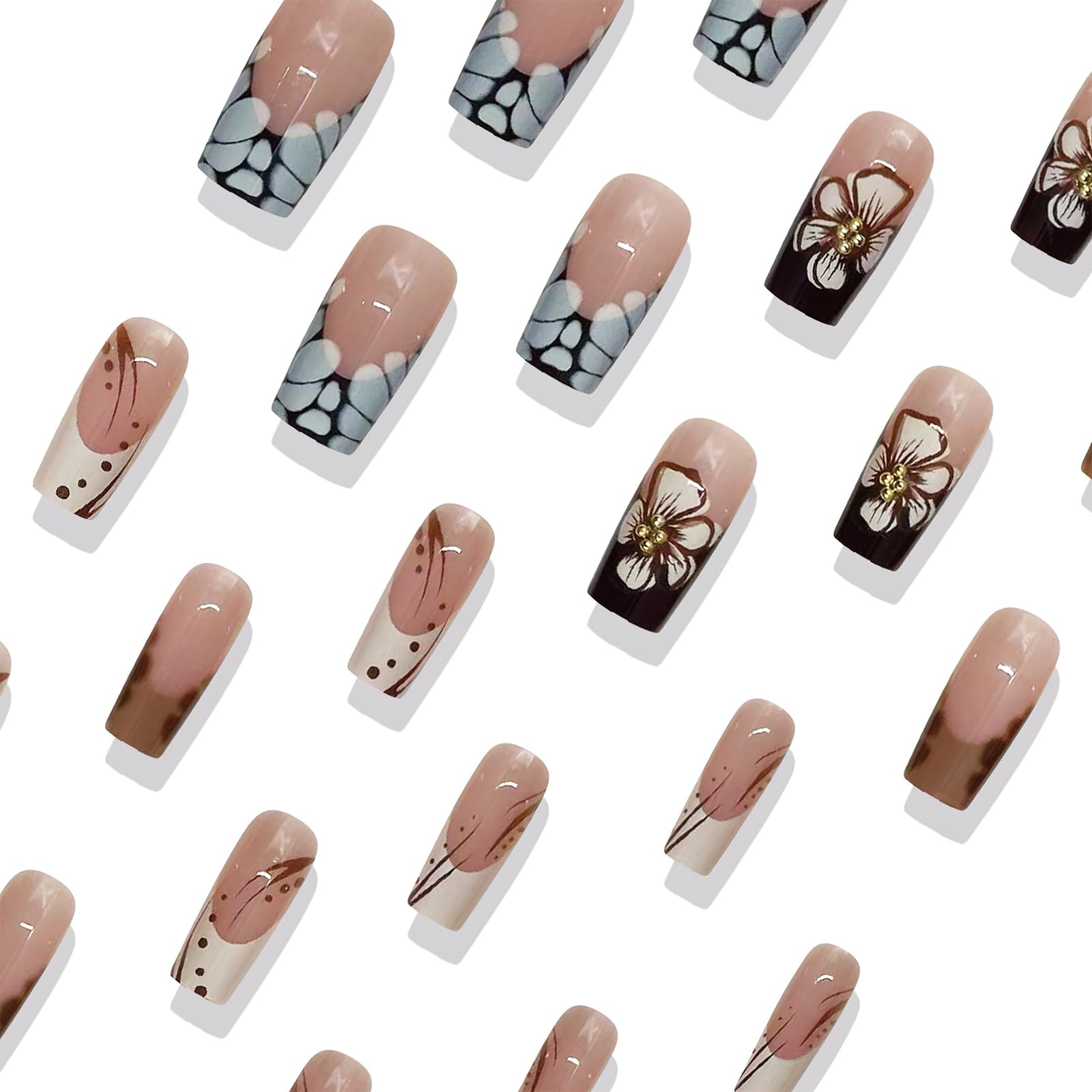 ROFIBUT French Tip Press on Nails Medium Square Fake Nails Glossy Autumn Brown Leopard Print Coffin False Nails Cute White Flowers with Gold Bead Designs Reusable Floral Glue on Nails for Women 24Pcs