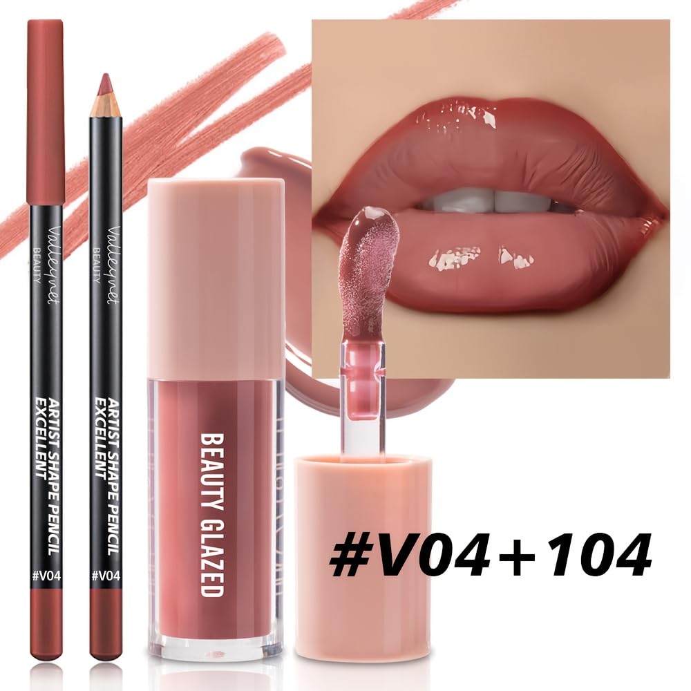 2Pcs/Set Lip Gloss & Lip Liner Set Mocha Brown – Lip Plumping Effect Lip Combo Set for Volume Lips, Fuller Looking Lips, High Shine Glass Lips Look, Gradient Lips & Over Lip Makeup Viral Lip Combo