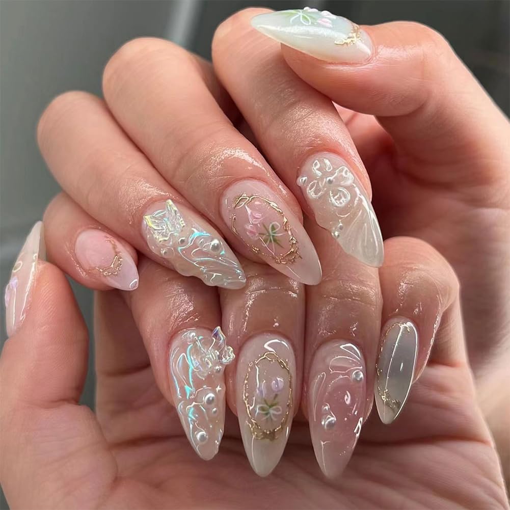 3D Butterfly Press on Nails 24PCS Almond Shaped White French Cute False Nails Full Cover Reusable Artificial Pink Fake Nail Kit Glossy With Pearl Design Acrylic Fake Fingernails For Women Girls