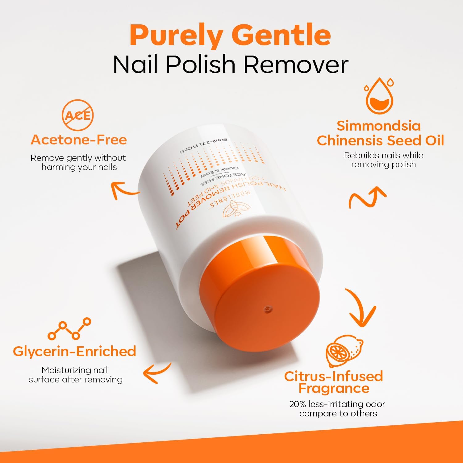 Modelones Nail Polish Remover Pot with Two Sponge-Top Lid, Acetone-Free Fingernail Polish Removal with Jojoba Oil Gentle, Non-Drying, Nourishing and Hypoallergenic Formula for Home Nail Art 2.71 FlOz