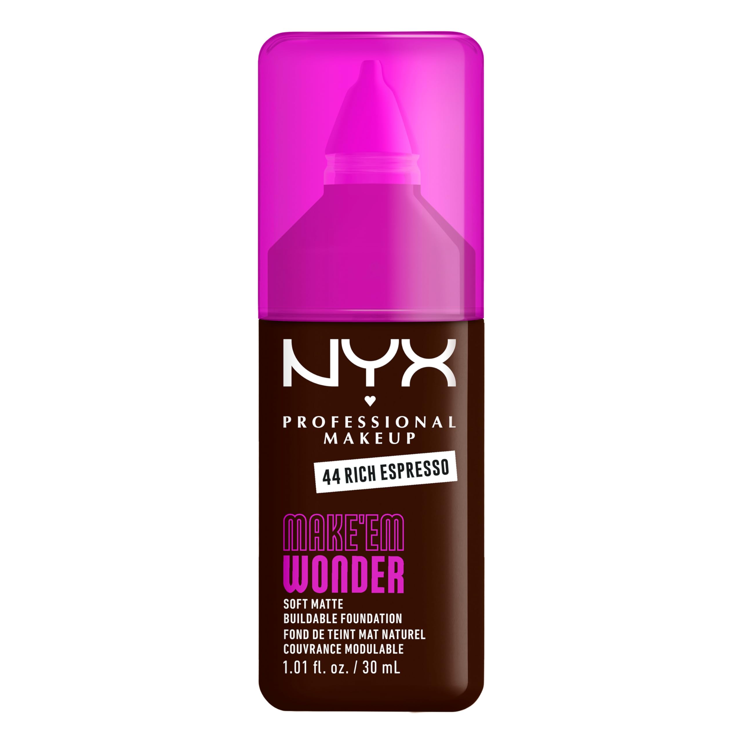 NYX PROFESSIONAL MAKEUP Make 'Em Wonder Liquid Foundation, 24HR Foundation Makeup With A Soft Matte Finish, Buildable Full Coverage - 44 Rich Espresso