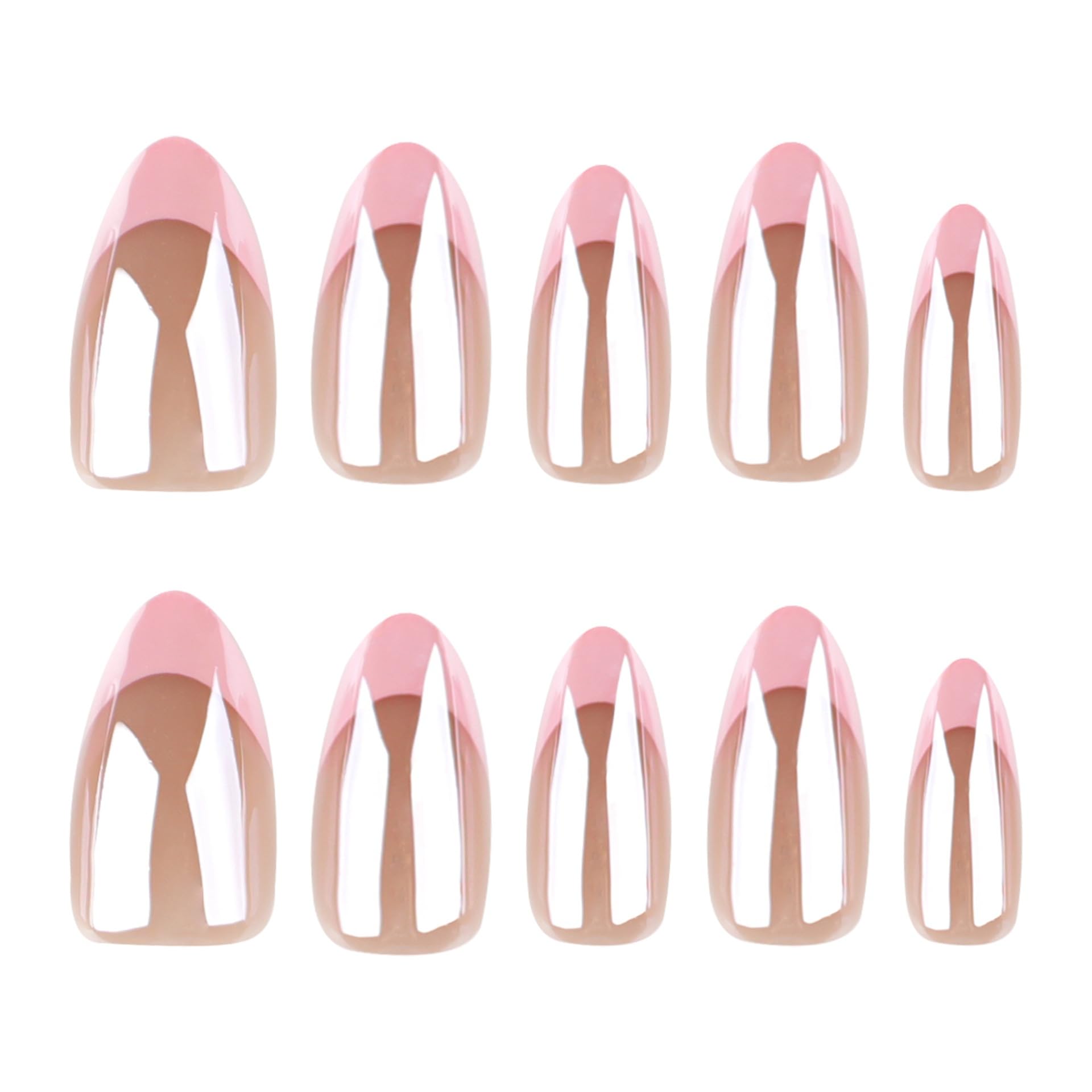 Press on Nails Short Medium Almond French Pink Fake Nails with Aurora Design Full Cover Artificial False Stick Glue ons Acrylic Nail for Women 24PCS