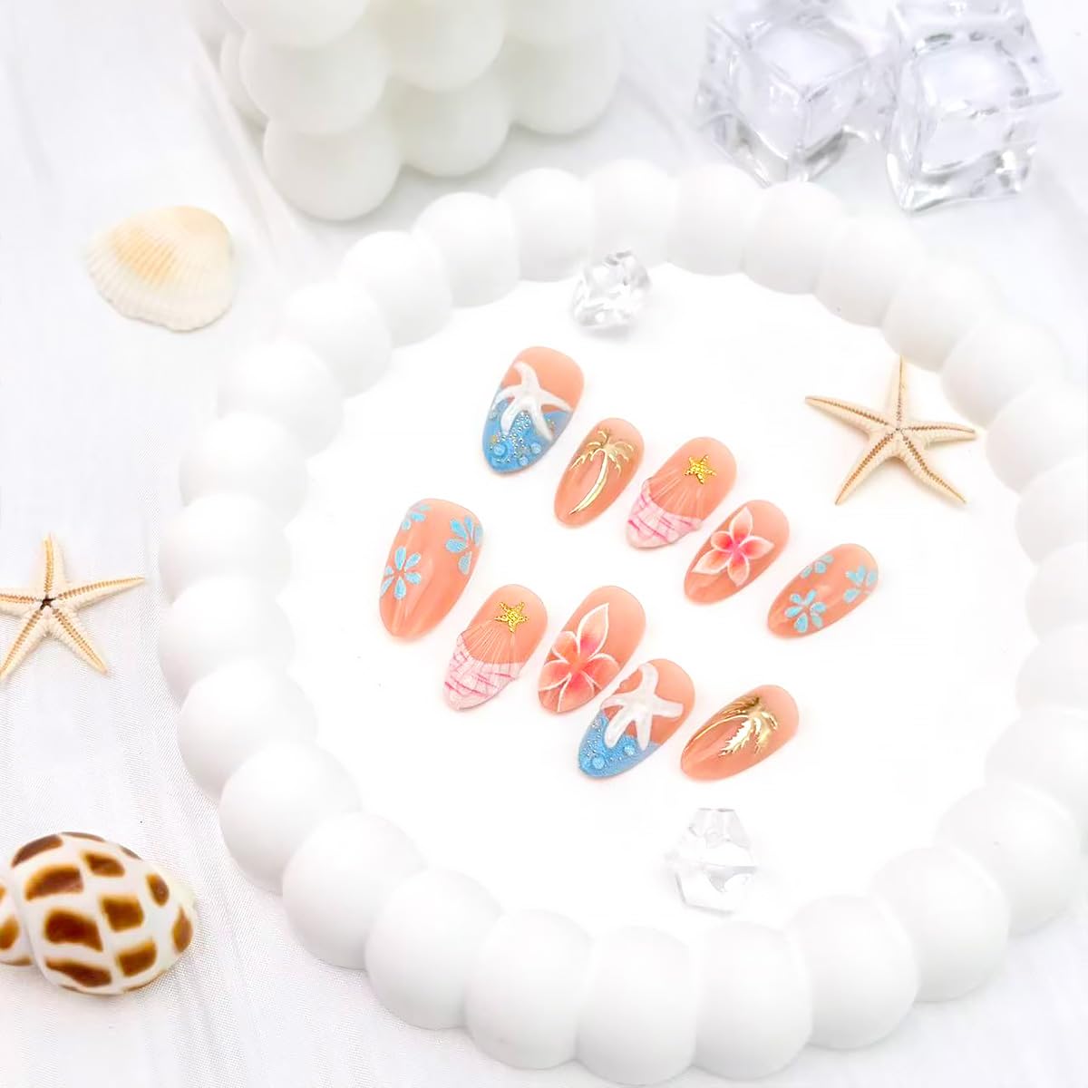 30 PCS Beach Press on Nails Medium Almond Fake Nails Blue French Tip False Nails with 3D Starfish Designs Glue on Nails Summer Coconut Trees Stick on Nails Flower Full Cover Acrylic Nails for Women