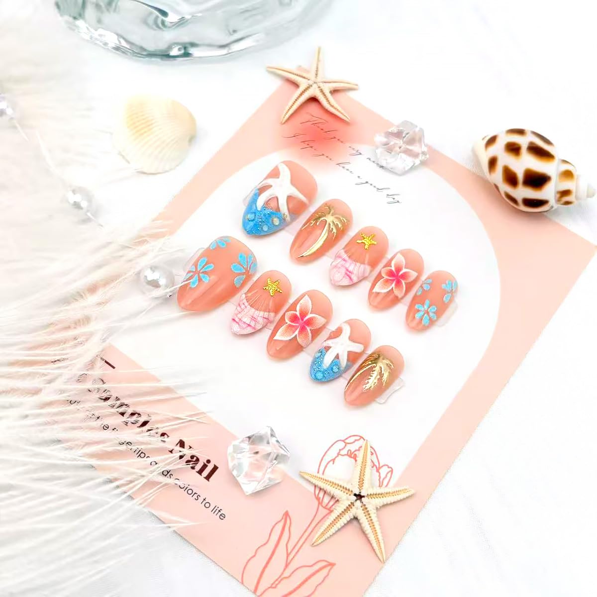 30 PCS Beach Press on Nails Medium Almond Fake Nails Blue French Tip False Nails with 3D Starfish Designs Glue on Nails Summer Coconut Trees Stick on Nails Flower Full Cover Acrylic Nails for Women