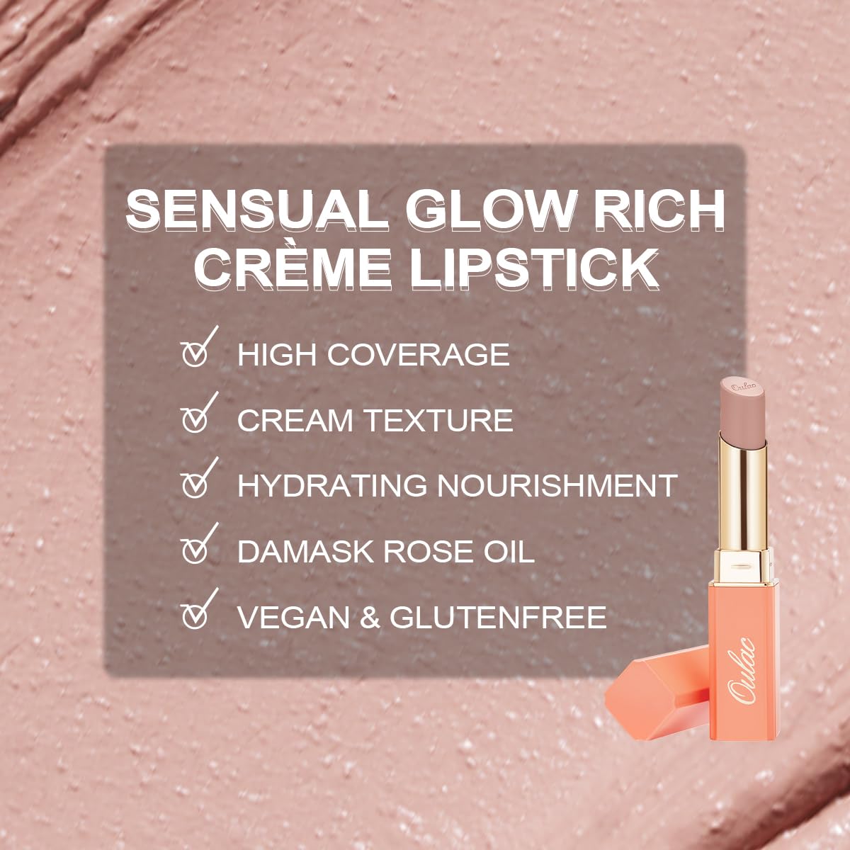 Oulac Beige Lipstick for Women, Pale Nude Matte Lip Base, Full Coverage Lip Color, Satin Matte Finish, Cream Texture, Hydrating, Infused with Hyaluronic Acid, Vegan & Clean Beauty 4g SG01 Bare