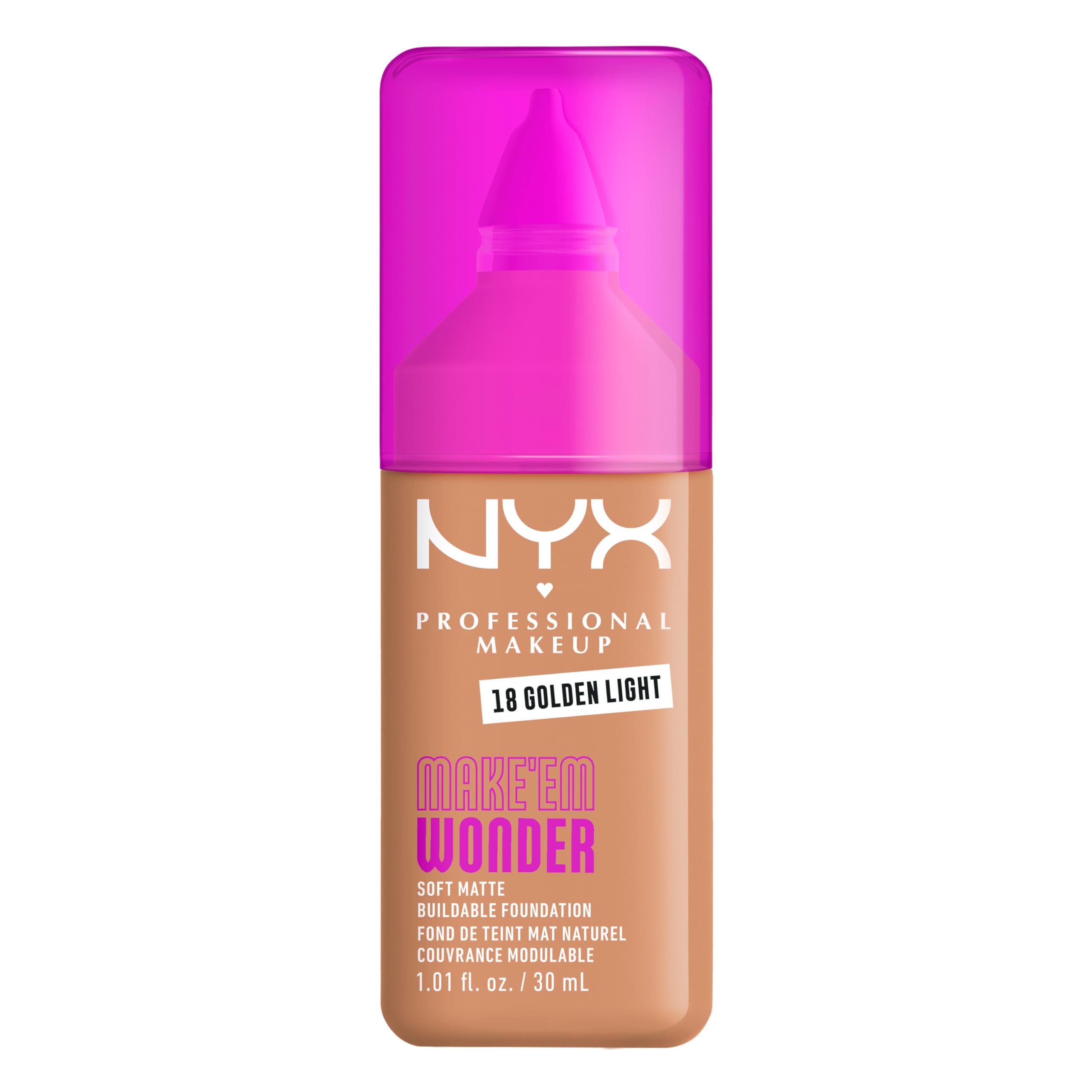NYX PROFESSIONAL MAKEUP Make 'Em Wonder Liquid Foundation, 24HR Foundation Makeup With A Soft Matte Finish, Buildable Full Coverage - 18 Golden Light