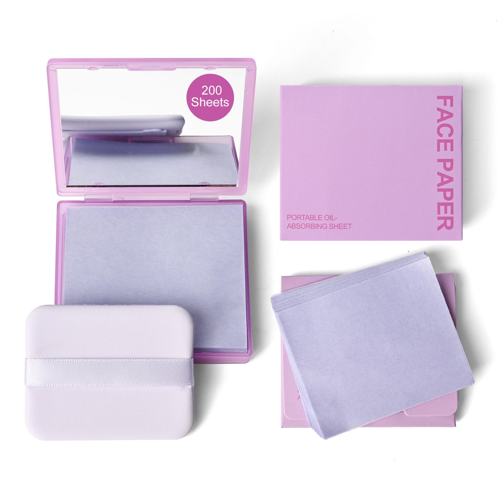 KYDA 200 Sheets Face Oil Blotting Paper, Included Refills, Mirror and Puff, Oil Absorbing Sheets for Matte Makeup, Controls Shine, Absorb Excess Oil, Travel Size Gentle Face Makeup