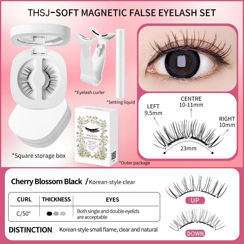 Magnetic Eyelashes Kit Asian with Applicator, Reusable No Glue Lashes, Natural Look Lashes Set, Easy to Wear and Remove (Cherry Blossom Black【Flower Gift Box】+ Styling Liquid)