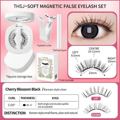 Magnetic Eyelashes Kit Asian with Applicator, Reusable No Glue Lashes, Natural Look Lashes Set, Easy to Wear and Remove (Cherry Blossom Black【Flower Gift Box】+ Styling Liquid)