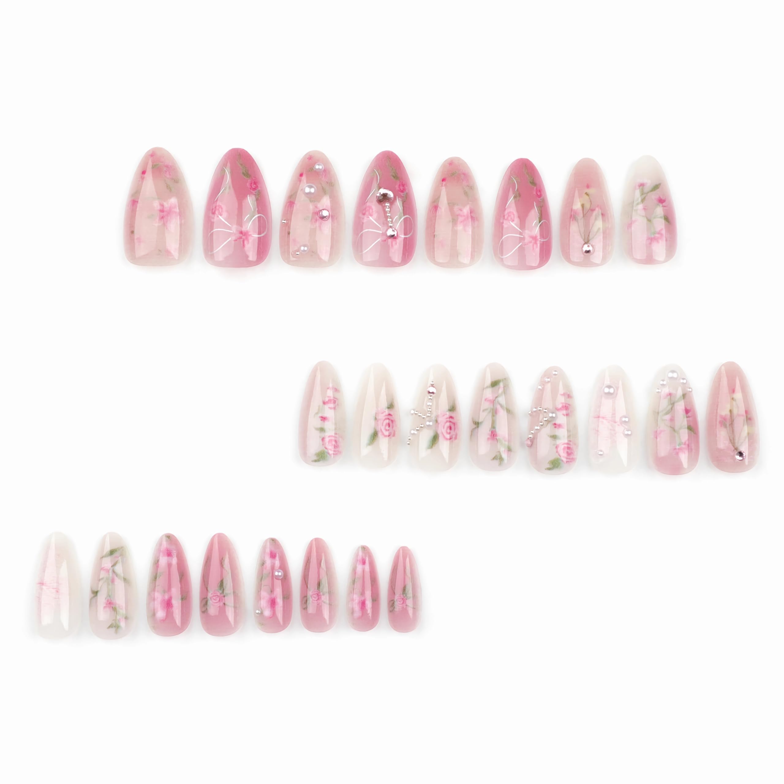 BABALAL Almond Press on Nails Medium Fake Nails Pink Glue on Nails Flower Heart Charm Design Acrylic Nails 24Pcs Coquette Handmade False Nails