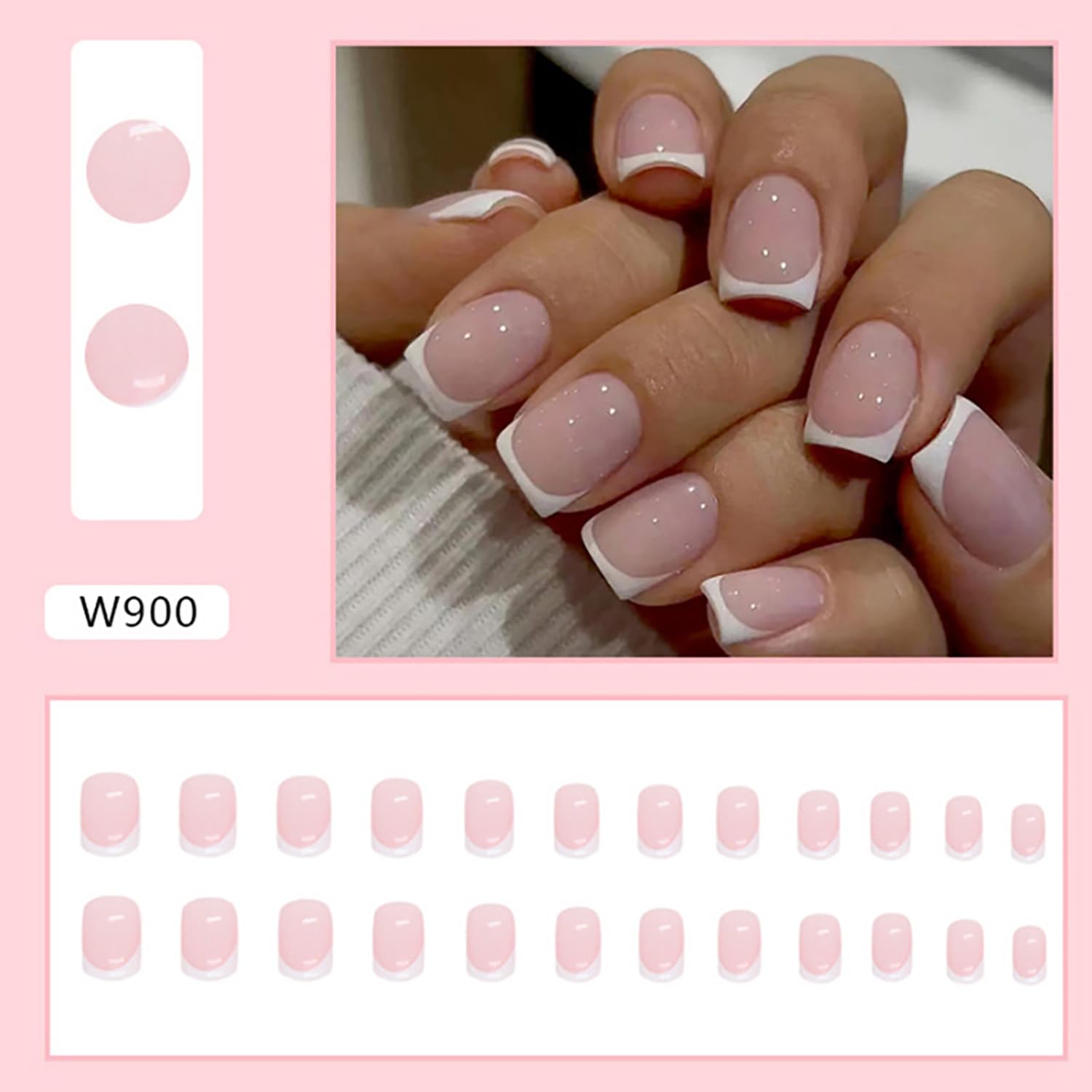 24Pcs White French Tip Press on Nails Short Square Fake Nails Glossy Pink Acrylic Nails Cute Short Nails Press ons Reusable False Nails Full Cover Artificial Stick on Nails for Women Manicure Decor