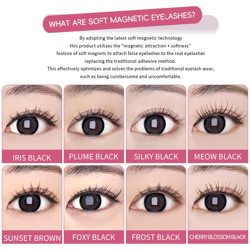 Magnetic Eyelashes Kit Asian with Applicator, Reusable No Glue Lashes, Natural Look Lashes Set, Easy to Wear and Remove (Cherry Blossom Black【Flower Gift Box】+ Styling Liquid)