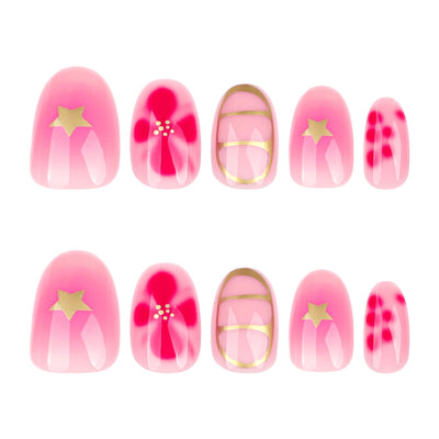MERVF Oval Press on Nails Medium Pink Aura Fake Nails Flower Glue ons Gold Star Design Round Acrylic Y2K for Women Glossy 24pcs