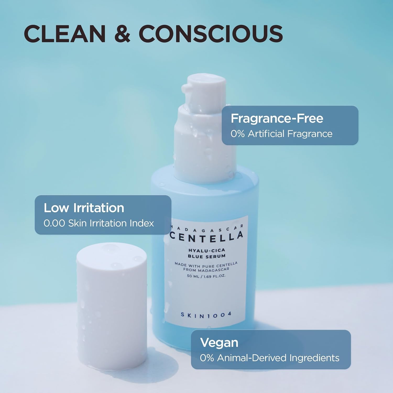 SKIN1004 Hyalu-Cica Blue Serum 1.69fl.oz, 50ml, Hydrating Face Serum with 5 Hyaluronic Acids & Madagascar Centella Asiatica, Korean Facial Ampoule for Deep & Long-lasging Moisture, Korean Skin Care