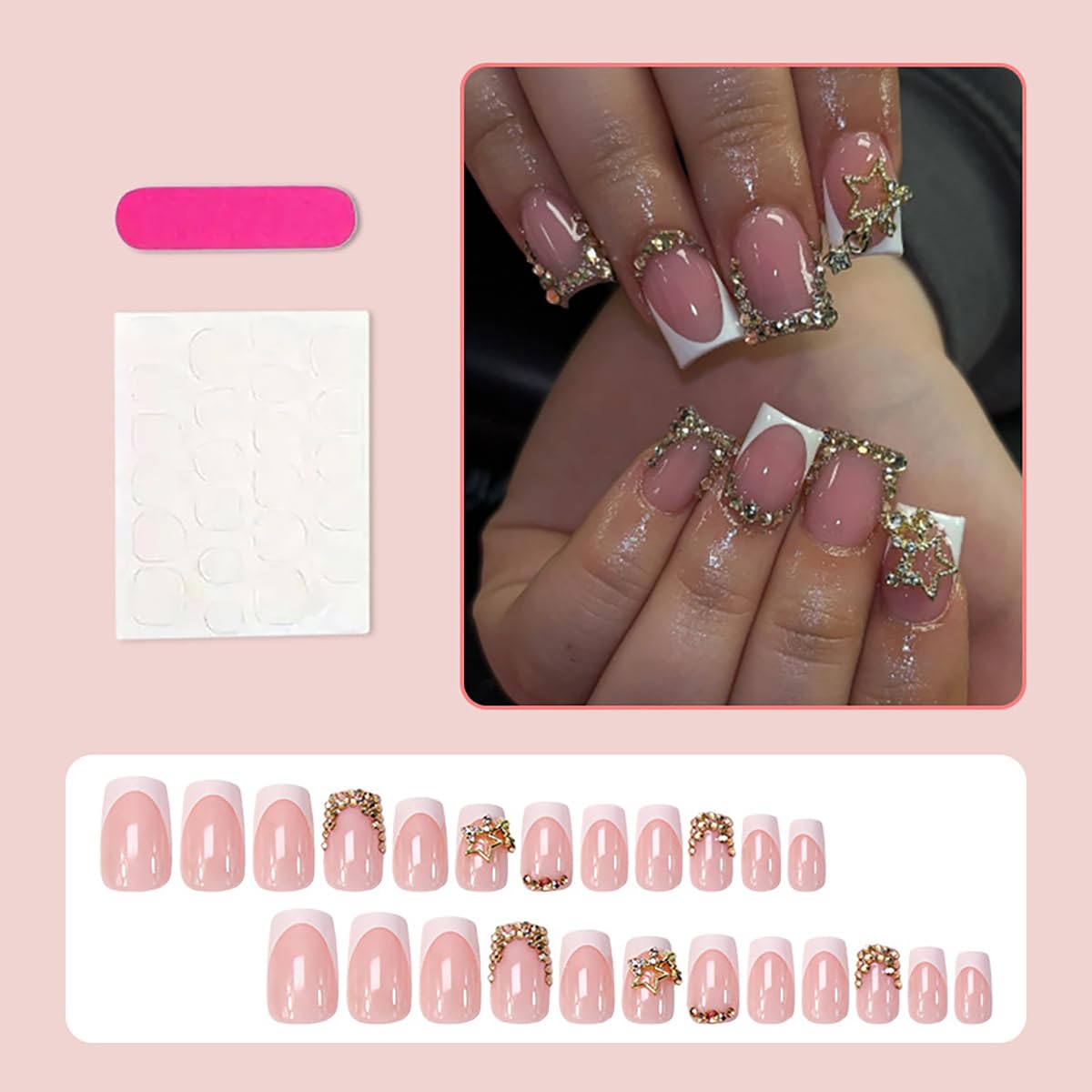 24Pcs White French Tip Press on Nails Short Square Fake Nails 3D Star Charms Design Acrylic False Nails Gold Rhinestones Nail Tips Press ons Full Cover Glossy Nude Pink Glue on Nails for Women Girls