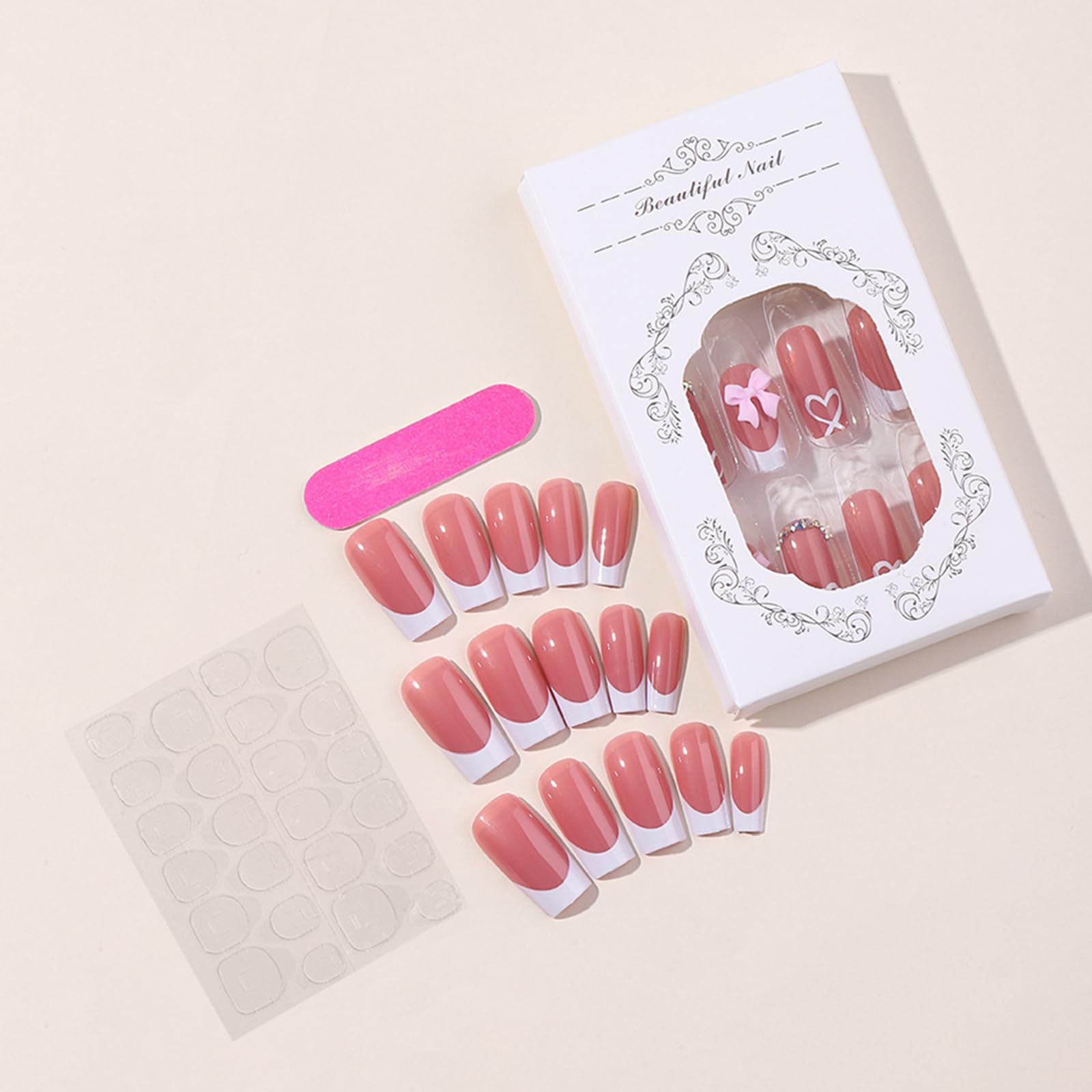 24Pcs Fake Nails With Bows, Elegant False Nail, Aesthetic Long Press On Nails Full Cover French Manicure, Stick On Nail, For Women Girls