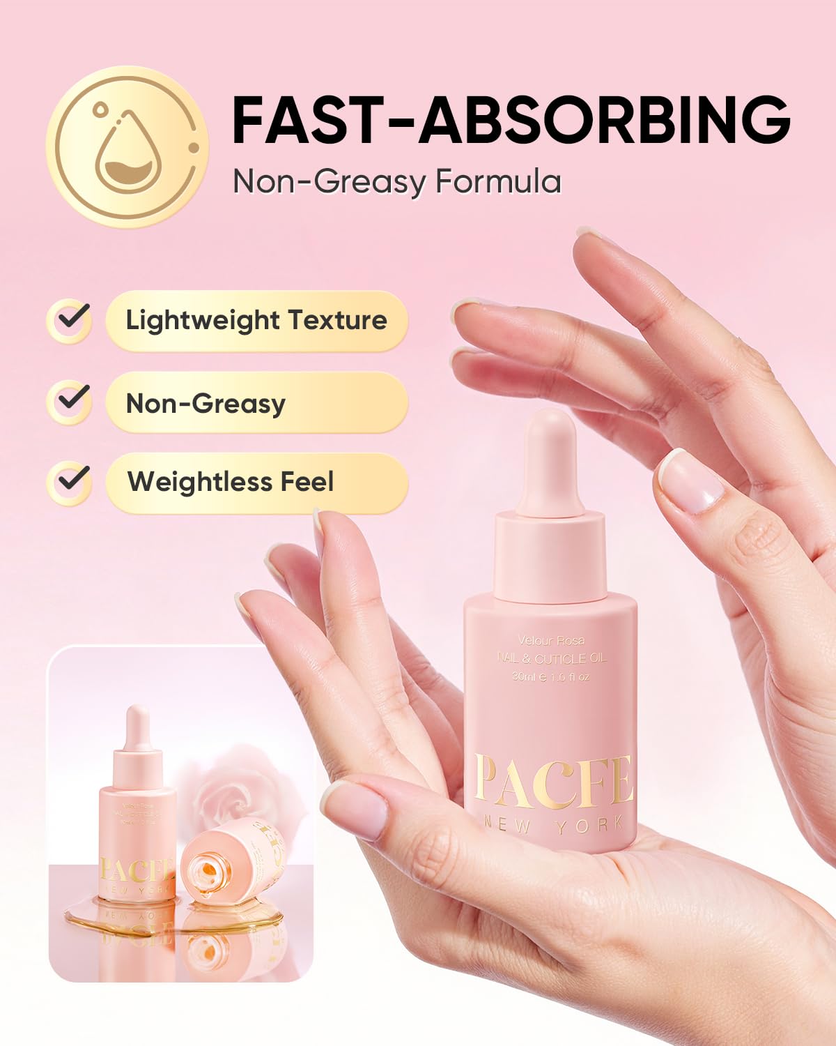PACFE Velour Rosa Nail and Cuticle Oil - 100% Natural Plant-Based Treatment with Jojoba oil, Squalane & Vitamin E - Deep Hydration for Dry Damaged Nails & Cuticle - Non-Greasy, Rose Scent, 1.0 fl oz
